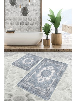 Rem Home Remhome 2li Set Krem Zeminde Otantik Motifli Osmanlı Desenli Etnik Motifler Vintage 2'li Banyo Paspas Takımı Takım Banyo Paspası