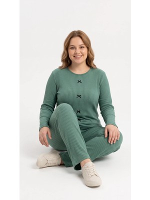 Sleeproom Büyük Beden Kaşkorse Mevsimlik Yeşil Pijama Takımı