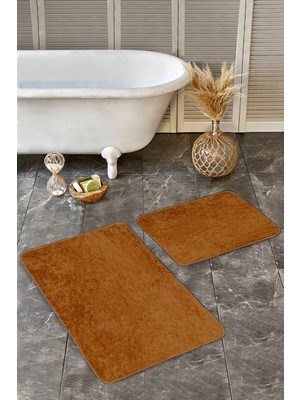 Rem Home Remhome 2'li Set Düz Renk Kahverengi 2'li Banyo & Mutfak Paspas Takımı Takım Banyo Paspası