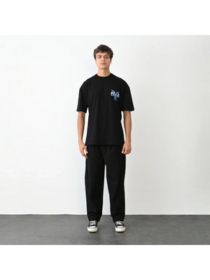 Hace Bazaar Bisiklet Yaka Baskılı Oversize T-Shirt - Siyah -