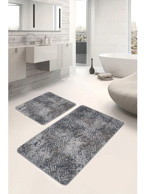 Rem Home Remhome 2'li Set Gri Zeminde Eskitme Motifli Antik Sade & Şık Eskitme Motifli 2'li Banyo Paspas Takımı Takım Banyo Paspası
