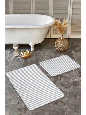 Rem Home Remhome 2'li Set Gri - Beyaz Zeminde Geometrik Motifli Çizgili Geometrik Klasik 2'li Banyo Paspas Takımı Takım Banyo Paspası