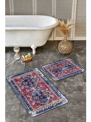 Rem Home Remhome Lacivert Kırmızı Zemin Göbekli Halı Motif Antika Desen Avangarde 2'li Banyo & Mutfak Paspas Takımı Takım Banyo Paspası