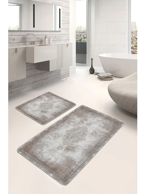 Rem Home Remhome 2'li Set Bej Zeminde Dokuma Halı Motifli Uşak Avangarde Eskitme Motifli 2'li Banyo Paspas Takımı Takım Banyo Paspası