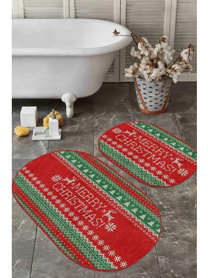 Rem Home Remhome Mery Christmas Yılbaşı Temalı Özel Tasarım 2'li Oval Kaymaz Tabanlı Banyo & Mutfak Paspas Takımı Takım Banyo Paspası