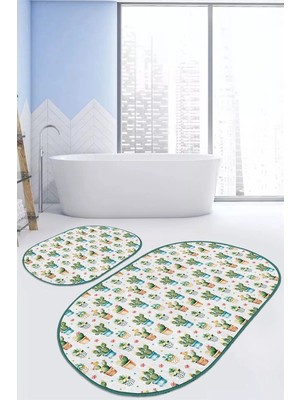 Rem Home Remhome Minyatür Kaktüs Tasarımlı Dijital Baskılı 2'li Oval Kaymaz Tabanlı Banyo & Mutfak Paspas Takımı Takım Banyo Paspası