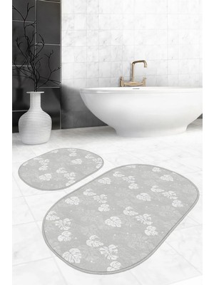 Rem Home Remhome Gri Zemin Özel Topik Yaprak Motifli 2'li Oval Kaymaz Tabanlı Banyo & Mutfak Paspas Takımı Takım Banyo Paspası