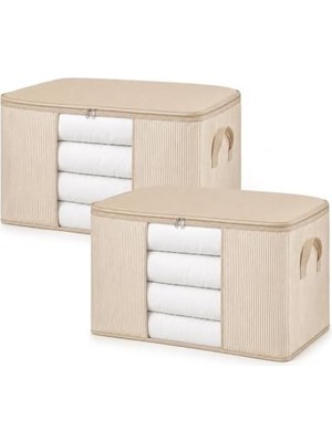 Duca Store 90X50X50 cm Mega Boy Xl Yatak Altı Dolap Üstü Hurç, Sağlam Taşıma Kulplu Fermuarlı Pencereli Saklama Hurcu, Çizgili Kumaş Saklama Çantası, Yorgan Battaniye Nevresim Depolama Kutusu (2, Bej Çizgili)