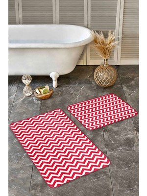 Rem Home Remhome 2'li Set Kırmızı Zeminde Geometrik Motifli Zikzak Geometrik Sade & Şık 2'li Banyo Paspas Takımı Takım Banyo Paspası
