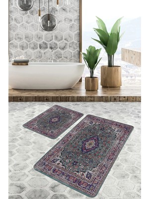 Rem Home Remhome 2'li Set Yeşil Zeminde Göbekli Halı Motifli Pers Eskitme Motifli Vintage 2'li Banyo Paspas Takımı Takım Banyo Paspası