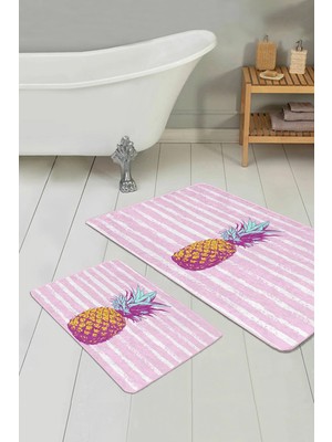 Rem Home Remhome Pembe Düz Çizgili Ananas Motifli 2'li Kaymaz Tabanlı Banyo & Mutfak Paspas Takımı Takım Banyo Paspası