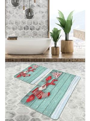 Rem Home Remhome Yılbaşı Temalı Özel Tasarımlı Dijital Baskılı 2'li Kaymaz Tabanlı Banyo & Mutfak Paspas Takımı Takım Banyo Paspası