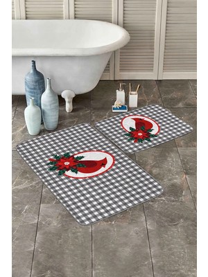 Rem Home Remhome Gri Ekose Zeminli Kırmızı Kuş Motifli 2'li Kaymaz Tabanlı Banyo & Mutfak Paspas Takımı Takım Banyo Paspası