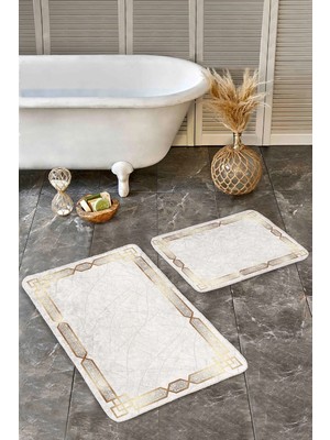 Rem Home Remhome 2li Set Gold Zeminde Çerçeveli Motifli Eskitme Desenli Sade & Şık Geometrik 2'li Banyo Paspas Takımı Takım Banyo Paspası