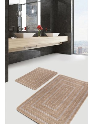 Rem Home Remhome 2'li Set Bej Zeminde Jüt Motifli Hasır Desenli Klasik Vintage 2'li Banyo & Mutfak Paspas Takımı Takım Banyo Paspası