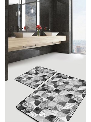 Rem Home Remhome Gri Geometrik Mermer Motifli 2'li Banyo Halı Takımı & Mutfak Paspas Seti Takım Banyo Paspası