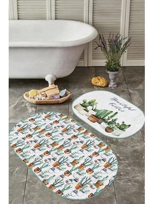 Rem Home Remhome Kaktüs Motifli Dijital Baskılı 2'li Oval Kaymaz Tabanlı Banyo & Mutfak Paspas Takımı Takım Banyo Paspası