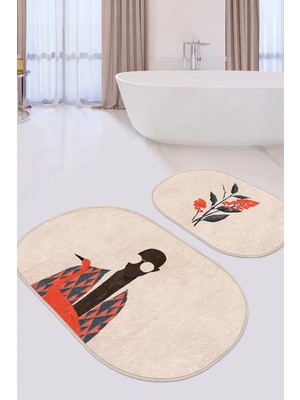 Rem Home Remhome Adam Çiçek Motifli 2'li Oval Kaymaz Tabanlı Banyo Halı Seti & Klozet Paspas Takımı Takım Banyo Paspası