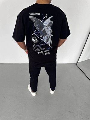 Hace Bazaar Bisiklet Yaka Baskılı Oversize T-Shirt - Siyah -