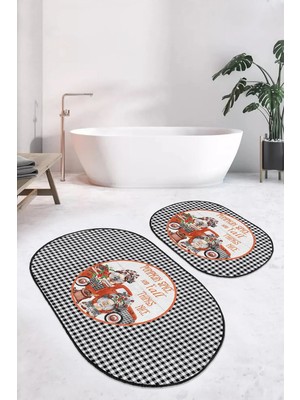 Rem Home Remhome Siyah Beyaz Ekose Motifli 2'li Oval Kaymaz Tabanlı Klozet Takımı & Banyo Paspas Seti Takım Banyo Paspası