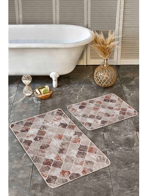 Rem Home Remhome 2'li Set Kahverengi Zeminde Morrocan Motifli Yöresel Geometrik Klasik 2'li Banyo Paspas Takımı Takım Banyo Paspası
