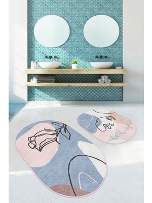 Rem Home Remhome Soyut Renkli Bohem Dijital Baskılı 2'li Oval Kaymaz Tabanlı Banyo & Mutfak Paspas Takımı Takım Banyo Paspası