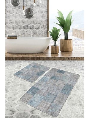Rem Home Remhome 2'li Set Krem - Mavi Zeminde Patchwork Motifli Geleneksel Vintage Klasik 2'li Banyo Paspas Takımı Takım Banyo Paspası