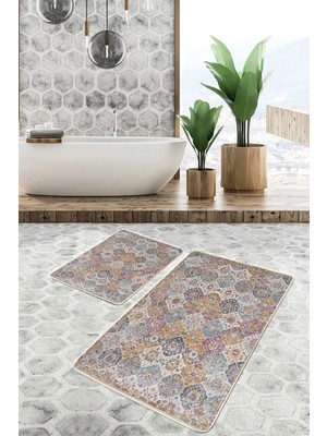Rem Home Remhome 2'li Set Antika Zeminde Eskitme Motifli Uşak Avangarde Etnik Motifler 2'li Banyo Paspas Takımı Takım Banyo Paspası
