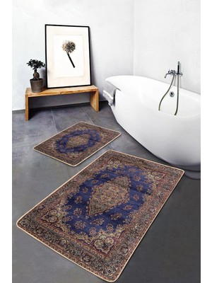 Rem Home Remhome Lacivert Zeminde Uşak Motifli Yöresel Desenli Avangarde Vintage 2'li Banyo & Mutfak Paspas Takımı Takım Banyo Paspası