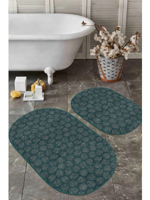 Rem Home Remhome Yeşil Zemin Tropik Yaprak Çizimli Dijital Baskılı 2'li Oval Kaymaz Taban Banyo & Mutfak Paspas Seti Takım Banyo Paspası