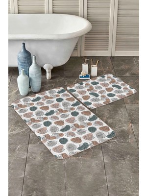 Rem Home Remhome Beyaz Zemin Onedraw Çizimli Tropik Yaprak Motifli 2'li Kaymaz Tabanlı Banyo & Mutfak Paspas Takımı Takım Banyo Paspası