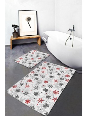 Rem Home Remhome Kırmızı Gri Kar Taneleri Özel Tasarım 2'li Kaymaz Tabanlı Banyo & Mutfak Paspas Takımı Takım Banyo Paspası
