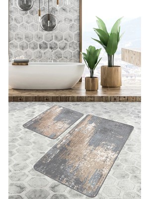 Rem Home Remhome 2'li Set Gri - Bej Zeminde Eskitme Motifli Örgü Eskitme Motifli Vintage 2'li Banyo Paspas Takımı Takım Banyo Paspası