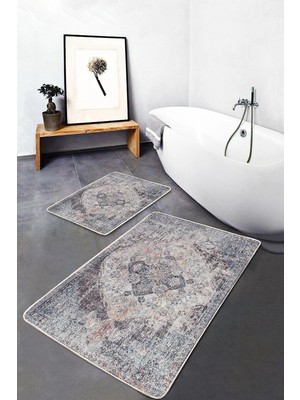 Rem Home Remhome 2'li Set Krem Zeminde Antik Motifli Göbekli Halı Vintage Eskitme Motifli 2'li Banyo Paspas Takımı Takım Banyo Paspası