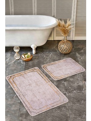 Rem Home Remhome Pembe Gold Zeminde Çerçeveli Motifli Eskitme Klasik Eskitme Motifli 2'li Banyo Mutfak Paspas Takımı Takım Banyo Paspası