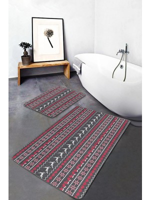 Rem Home Remhome Kanaviçe Motifli Geyik Yılbaşı Temalı 2'li Kaymaz Tabanlı Banyo & Mutfak Paspas Takımı Takım Banyo Paspası