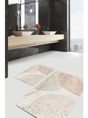 Rem Home Remhome 2'li Set Gold - Ekru Zeminde Tablo Motifli Modern Sanat Bohem Sade & Şık 2'li Banyo Paspas Takımı Takım Banyo Paspası