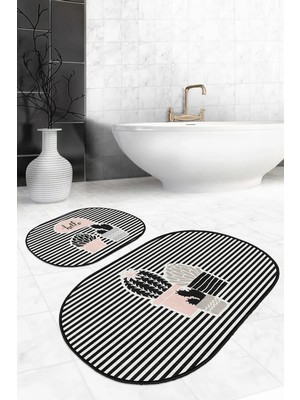Rem Home Remhome Çizgili Zemin Kaktüs Özel Tasarım Dijital Baskılı 2'li Oval Kaymaz Taban Banyo & Mutfak Paspas Seti Takım Banyo Paspası