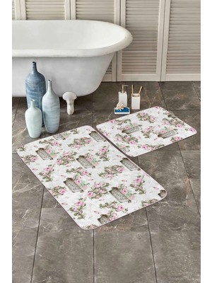 Rem Home Remhome Çiçek Demetleri Dijital Baskılı Özel Tasarım 2'li Kaymaz Tabanlı Banyo & Mutfak Paspas Takımı Takım Banyo Paspası