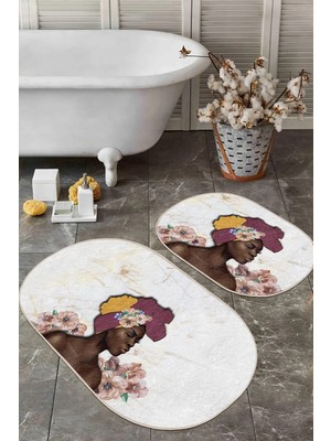 Rem Home Remhome Mermer Zeminli Zenci Kadın Motifli 2'li Oval Kaymaz Tabanlı Mutfak Halı Takımı & Banyo Paspas Seti Takım Banyo Paspası