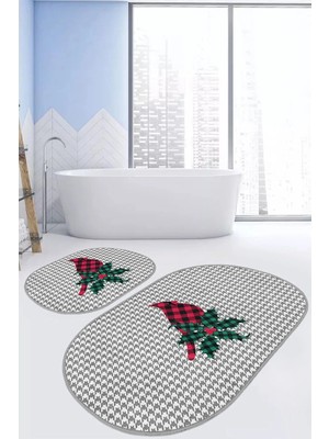 Rem Home Remhome Kazayağı Desen Dijital Baskılı Özel Tasarımlı 2'li Oval Kaymaz Tabanlı Banyo & Mutfak Paspas Takımı Takım Banyo Paspası