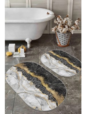 Rem Home Remhome Siyah Mermer Özel Tasarım Dijital Baskılı 2'li Oval Kaymaz Tabanlı Banyo & Mutfak Paspas Takımı Takım Banyo Paspası