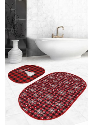 Rem Home Remhome Kırmızı Mery Christmas Temalı Özel Tasarım 2'li Oval Kaymaz Tabanlı Banyo & Mutfak Paspas Takımı Takım Banyo Paspası
