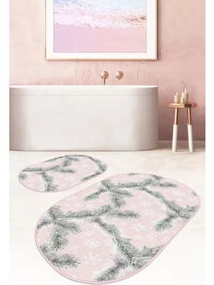 Rem Home Remhome Pembe Zemin Çam Yaprakları Kar Taneleri 2'li Oval Kaymaz Tabanlı Banyo & Mutfak Paspas Takımı Takım Banyo Paspası