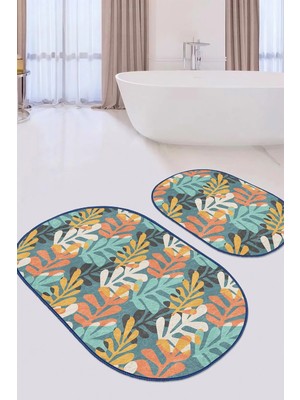 Rem Home Remhome Renkli Tropik Yapraklar Dijital Baskılı 2'li Oval Kaymaz Tabanlı Banyo & Mutfak Paspas Takımı Takım Banyo Paspası
