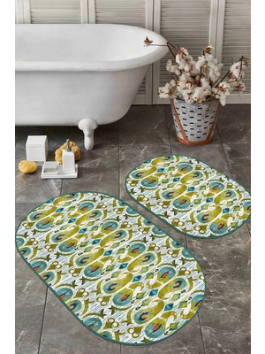 Rem Home Remhome Özel Tasarım Dijital Baskılı 2'li Oval Banyo Paspas Takımı & Mutfak Paspas Seti Takım Banyo Paspası