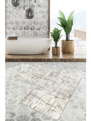 Rem Home Remhome Krem - Beyaz Zeminde Çizgili Motifli Eskitme Geometrik Sade & Şık 2'li Banyo & Mutfak Paspas Takımı Takım Banyo Paspası