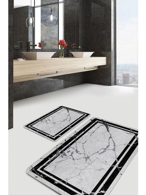 Rem Home Remhome Füme - Siyah Zeminde Çerçeveli Motifli Mermer Sade & Şık Geometrik 2'li Banyo & Mutfak Paspas Takımı Takım Banyo Paspası