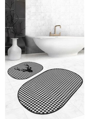 Rem Home Remhome Balıksırtı Zemin Geyik Motifli 2'li Oval Kaymaz Tabanlı Banyo Paspas Takımı & Klozet Paspas Seti Takım Banyo Paspası
