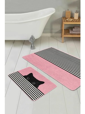 Rem Home Remhome Pembe Zemin Çizgili Kedi Özel Tasarım 2'li Banyo Paspas Takımı & Mutfak Paspas Seti Takım Banyo Paspası